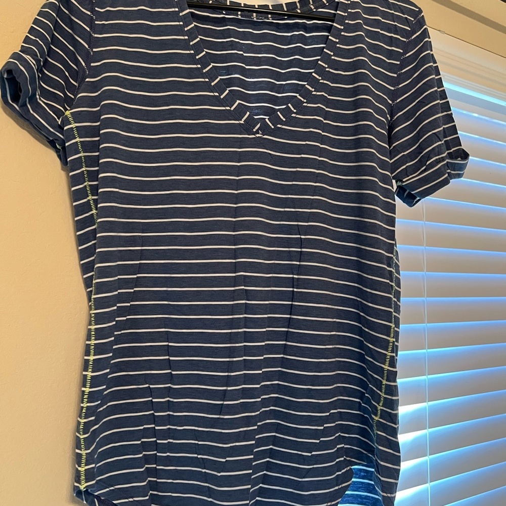 lululemon Striped V-Neck T-Shirt in Blue and White